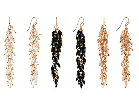 Pre-Owned Gold Tone Set of 3 Black, Clear, and Champagne Beaded Earrings