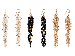 Pre-Owned Gold Tone Set of 3 Black, Clear, and Champagne Beaded Earrings