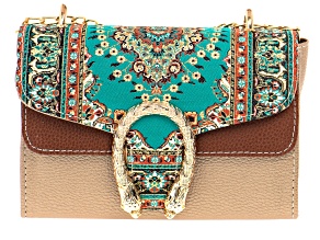 Pre-Owned Gold Tone Imitation Leather & Blue Turkish Tapestry Fabric Clutch