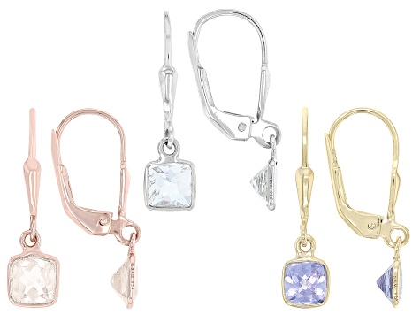 Pre-Owned Tanzanite, Aquamarine & Morganite Rhodium, 18k Yellow & Rose Gold Over Silver Earring Set