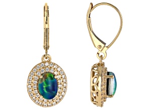 Pre-Owned Australian Opal Triplet And White Zircon 10k Yellow Gold Dangle Earrings 0.12ctw