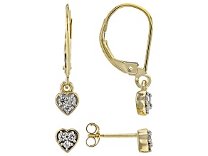 Pre-Owned White Zircon 10k Yellow Gold Heart Dangle And Stud Earring Set Of 2 0.27ctw