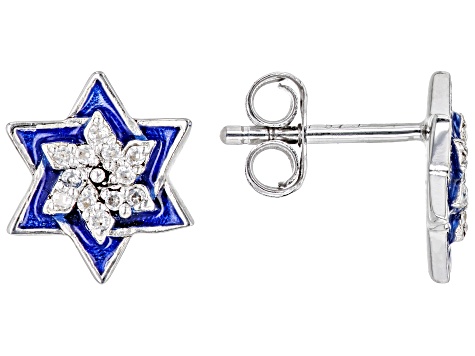 Pre-Owned White Zircon Rhodium Over Silver Childrens Star of David Earrings 0.06ctw