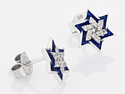 Pre-Owned White Zircon Rhodium Over Silver Childrens Star of David Earrings 0.06ctw