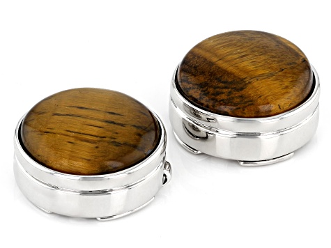 Pre-Owned Yellow Tigers Eye Round Rhodium Over Brass Button Cover Set of 2 in Black Gift Box