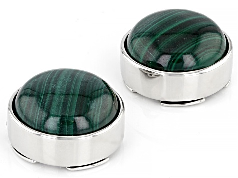 Pre-Owned Malachite Round Rhodium Over Brass Button Cover Set of 2 in Black Gift Box