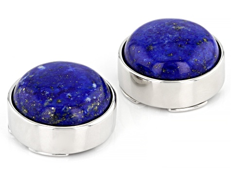 Pre-Owned Lapis Lazuli Round Rhodium Over Brass Button Cover Set of 2 in Black Gift Box