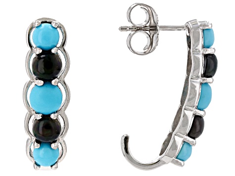 Pre-Owned Blue Turquoise Rhodium Over Silver J-Hoop Earrings 1.36ctw