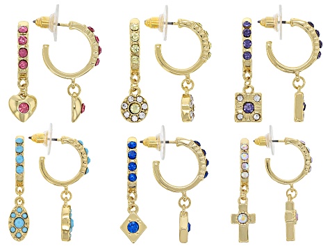 Pre-Owned Multi-Color Crystal Gold Tone Set Of 6 Earrings