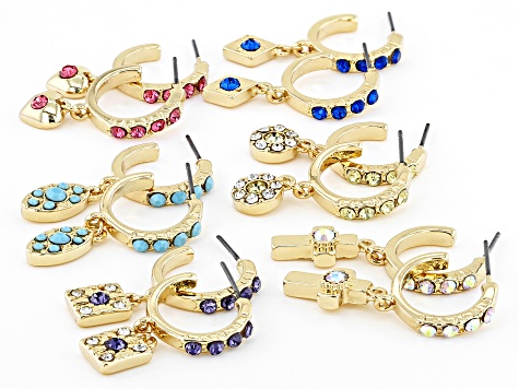 Pre-Owned Multi-Color Crystal Gold Tone Set Of 6 Earrings