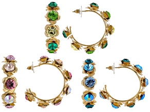 Pre-Owned Multi-Color Crystal Gold Tone Floral Set of 3 Hoop Earrings