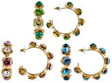 Pre-Owned Multi-Color Crystal Gold Tone Floral Set of 3 Hoop Earrings