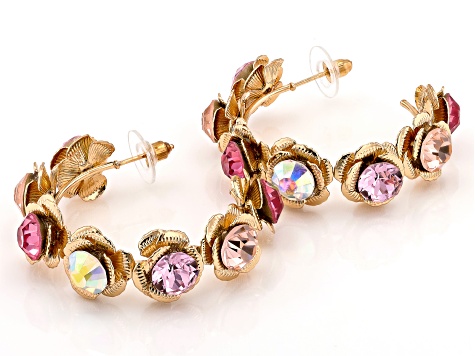 Pre-Owned Multi-Color Crystal Gold Tone Floral Set of 3 Hoop Earrings