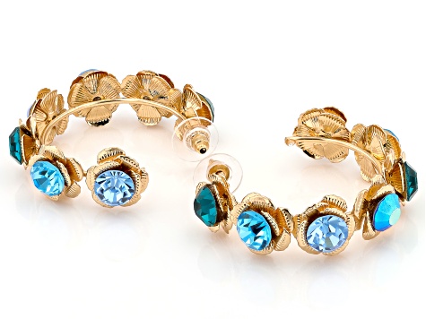 Pre-Owned Multi-Color Crystal Gold Tone Floral Set of 3 Hoop Earrings