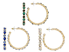 Pre-Owned White, Green, & Blue Crystal Gold Tone Set of Three Hoop Earrings