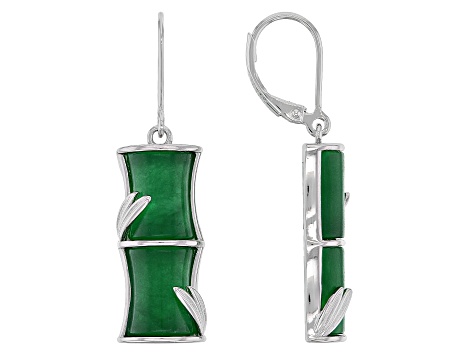 Pre-Owned 10x8mm Rectangular Green Jadeite Bamboo Inspired Rhodium Over Sterling Silver Earrings