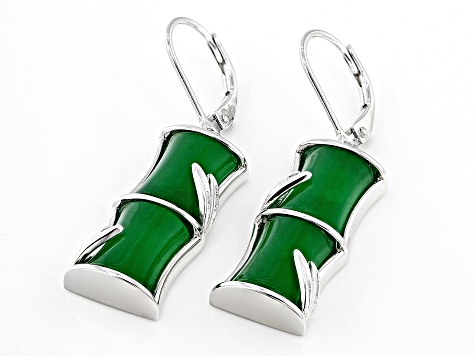 Pre-Owned 10x8mm Rectangular Green Jadeite Bamboo Inspired Rhodium Over Sterling Silver Earrings