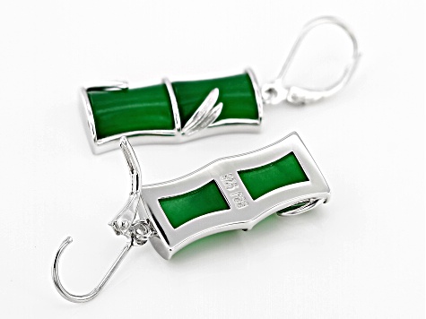 Pre-Owned 10x8mm Rectangular Green Jadeite Bamboo Inspired Rhodium Over Sterling Silver Earrings