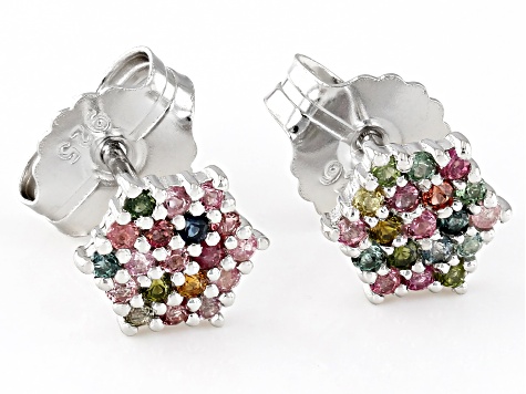 Pre-Owned Multi-Color Tourmaline Rhodium Over Sterling Silver Stud Earrings 0.32ctw