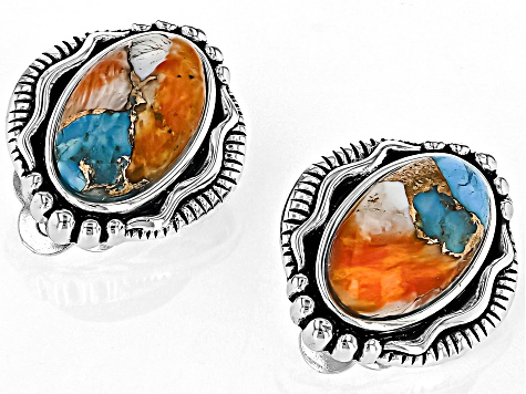 Pre-Owned Blended Turquoise & Spiny Oyster Shell Rhodium Over Silver Clip-On Earrings