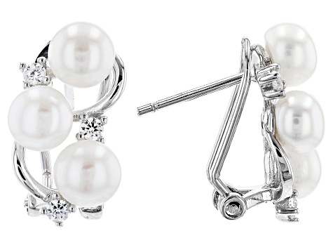 Pre-Owned White Cultured Freshwater Pearl and White Cubic Zirconia Rhodium Over Sterling Silver Earr