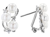 Pre-Owned White Cultured Freshwater Pearl and White Cubic Zirconia Rhodium Over Sterling Silver Earr