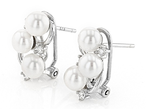 Pre-Owned White Cultured Freshwater Pearl and White Cubic Zirconia Rhodium Over Sterling Silver Earr