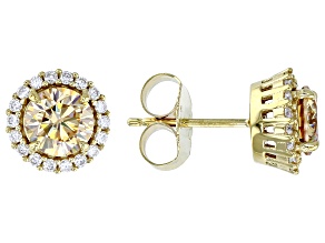 Pre-Owned Champagne Strontium Titanate, Moissanite 18k Yellow Gold Over Sterling Silver Halo Earring