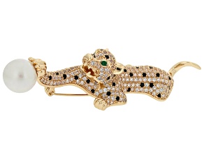 Pre-Owned Multi-Color Crystals & Pearl Simulant Gold Tone Leopard Brooch