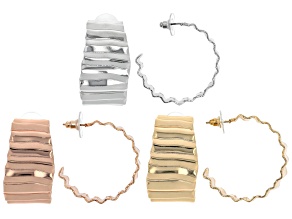 Pre-Owned Gold, Silver, & Rose Tone Set of 3 Crinkled Hoop Earrings