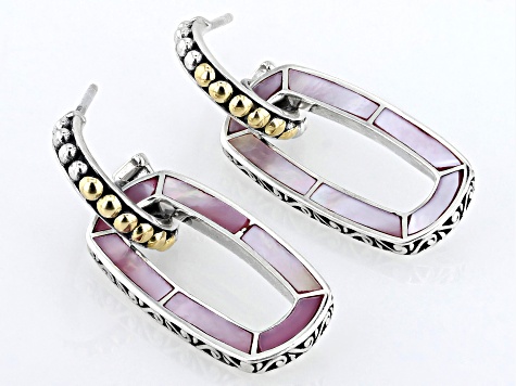 Pre-Owned Pink Mother-of-Pearl Sterling Silver & 18K Yellow Gold Accent Rectangular Earrings