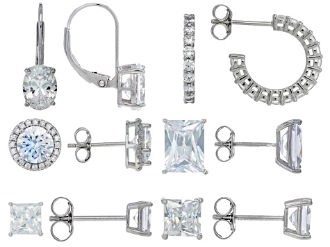 Pre-Owned White Cubic Zirconia Rhodium Over Sterling Silver Boxed Earring Set 17.49ctw