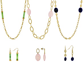 Pre-Owned Multi-Color Acrylic Beaded Gold Tone 6 Piece Station Necklace & Earring Set
