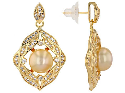 Pre-Owned Golden Cultured South Sea Pearl and White Zircon 18k Yellow Gold Over Sterling Silver Earr