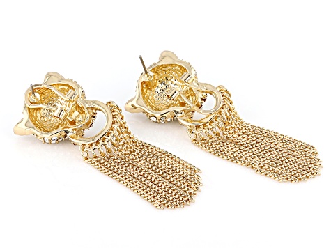 Pre-Owned White & Green Crystal Gold Tone Jaguar Tassel Earrings