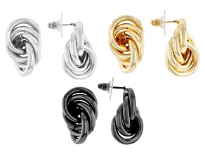 Pre-Owned Gold Tone, Silver Tone & Hematine Tone Knot Earrings Set of 3