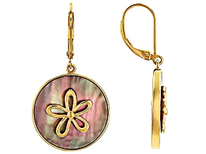 Pre-Owned Black Mother-Of-Pearl 18k Yellow Gold Over Sterling Silver Flower Dangle Earrings