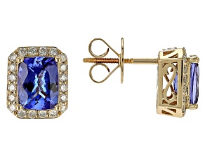Pre-Owned Cruise Ship Collection Blue Tanzanite With White Diamond 14K Yellow Gold Earrings 2.90ctw