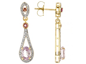 Pre-Owned Kunzite And Pink Tourmaline With White Diamond 14k Yellow Gold Dangle Earrings 2.44ctw