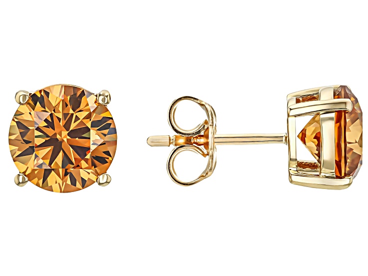 Pre-Owned Cognac Strontium Titanate 10k Yellow Gold Stud Earrings 5.20ctw