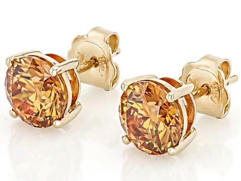 Pre-Owned Cognac Strontium Titanate 10k Yellow Gold Stud Earrings 5.20ctw