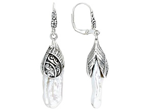 Pre-Owned White Cultured Freshwater Free-Form Pearl Sterling Silver Angel Wing Earrings