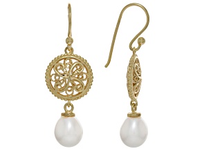 Pre-Owned 8-9mm Cultured Freshwater Pearl 18K Yellow Gold Over Sterling Silver Lace Earrings