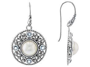 Pre-Owned 9.5-10.5mm Cultured Mabe Pearl & Swiss Blue Topaz Sterling Silver Earrings 0.80ctw