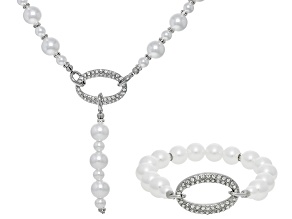 Pre-Owned Pearl Simulant With White Crystal Silver Tone Necklace and Bracelet Set