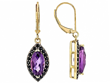 Pre-Owned Purple African Amethyst With Black Spinel 18k Yellow Gold Over Sterling Silver Earrings 3.