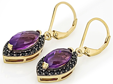 Pre-Owned Purple African Amethyst With Black Spinel 18k Yellow Gold Over Sterling Silver Earrings 3.