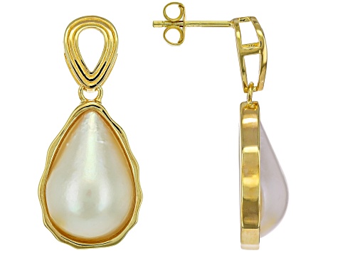 Pre-Owned White Cultured South Sea Mabe Pearl 18k Yellow Gold Over Sterling Silver Earrings