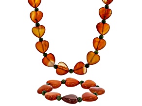 Pre-Owned Red Agate& Connemara Marble Heart Silver Tone Necklace & Bracelet Set 6mm