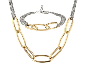Pre-Owned Gold & Silver Tone Paperclip Necklace and Bracelet Set